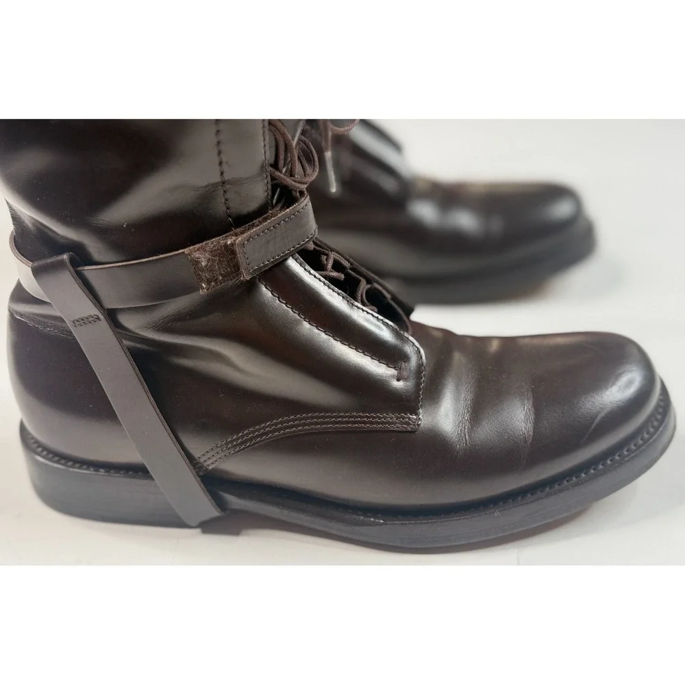 Jil‎ Sander Men's Military Ankle Belt Harness Lace Up Brown Leather Boots Size 8